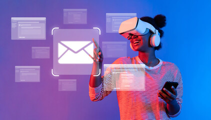 A joyful woman wearing a virtual reality headset interacts with digital communication icons...