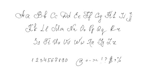Handwriting English alphabet, font, letters and numbers.