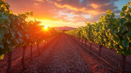 Fototapete Bordeaux Golden sun rays beautifully illuminate the vibrant green grapevines, forming long rows in a serene vineyard landscape at sunset.  © Анастасія Шестопал