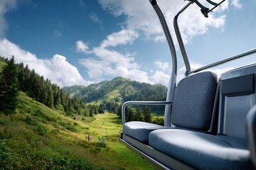 Mountain lift overlooking scenic valley, summer day adventure