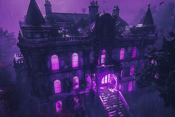 Dreamlike Haunted Mansion with Glowing Windows &ndash; Surreal Aerial 6K Artwork