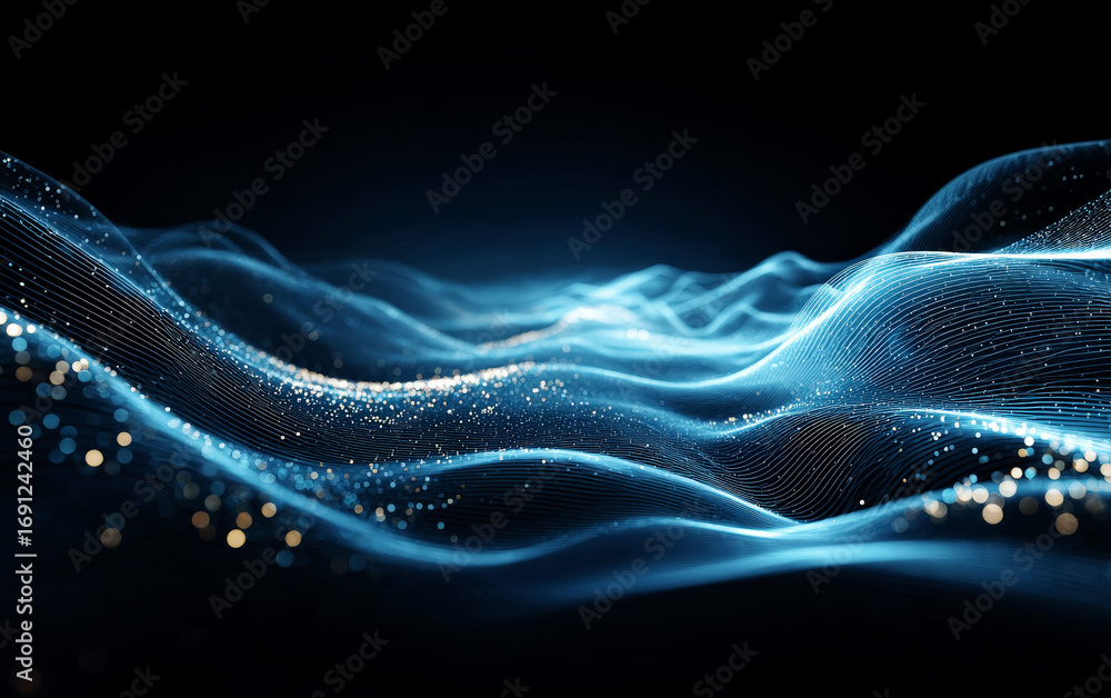 Poster abstract blue wave pattern with sparkling particles and futuristic design