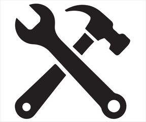Silhouette of wrench and hammer crossed vector illustration symbolizing repair, maintenance, construction tools, handyman work, carpentry, engineering service, DIY concept, and industrial design