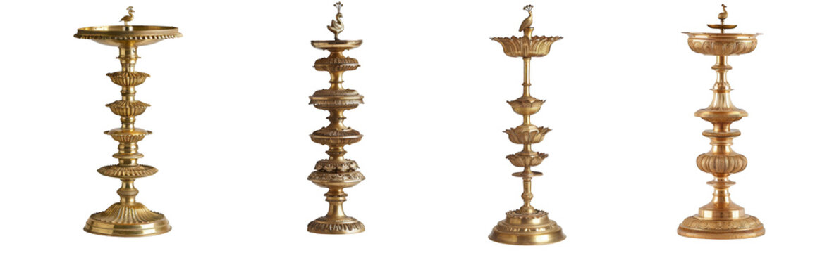 Four traditional indian brass oil lamps with multiple tiers, isolated on transparent background