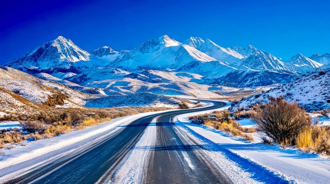 Winding road snowy mountains scenic winter alpine travel tourism landscape - Powered by Adobe