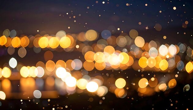 An out-of-focus nighttime cityscape with warm, glowing orbs of light against a dark, starry backdrop. 
