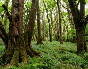 Naklejka premium Lush forest floor with moss-covered trees