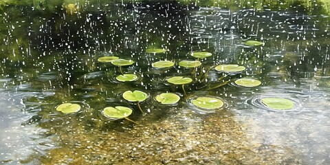A close up view of green lily pads floating on a dark reflective pond surface with ripples and white spots