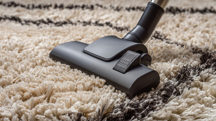 Aspiradora en acción sobre alfombra de pelo alto con rayas horizontales en tonos crema y marrón. Ideal para eliminar suciedad en textiles densos. Limpieza profunda en ambientes cálidos y acogedores de