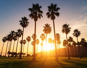 Obraz premium Palm trees at sunset over a grassy field