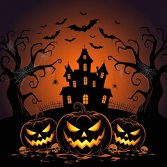 Spooky halloween haunted house with jackolanterns and bats in a dark forest scene