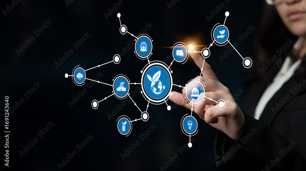 Poster a business professional engages with a virtual network interface, showcasing icons that represent gl