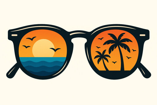 Retro sunglasses illustration with tropical sunset scenes in each lens on white background
