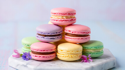 Obraz premium Pastel Macarons Pyramid: Delicate French Pastries, Springtime Treats, Gourmet Dessert Photography