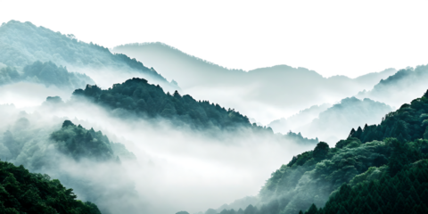 Misty mountain peaks with dense forest and fog isolated on a transparent background