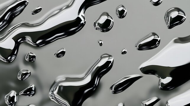 Abstract liquid metal droplets with chrome reflections on a smooth gray surface texture