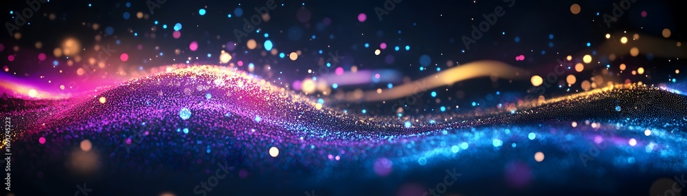 Poster a dynamic, abstract digital illustration showcases a textured surface of shimmering particles, flowi