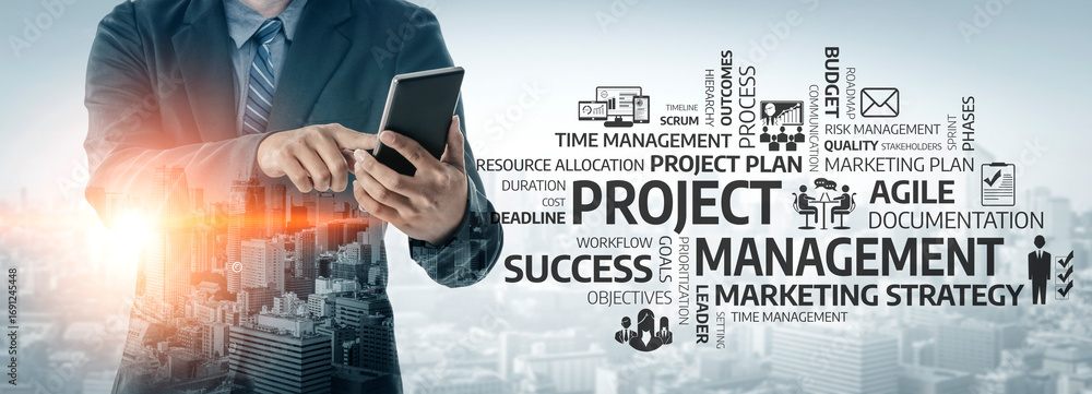 Aufkleber a business professional uses a tablet to enhance project management, highlighting agile methods and 