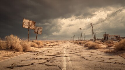 Commercial high-resolution photo of background image of desert city wasteland with abandoned buildings cracked road and sign in a post apocalyptic setting.