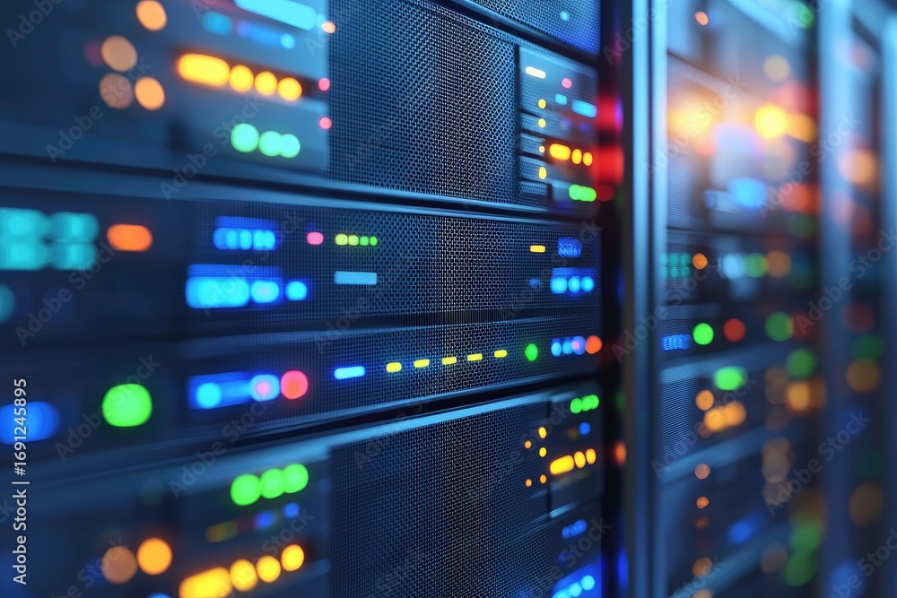 Poster close up of modern data center servers with illuminated lights, representing cloud computing, it inf