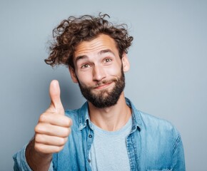 Fototapeta premium A man with a playful expression and tousled hair gives a thumbs-up against a muted backdrop, creating a friendly and approachable image.