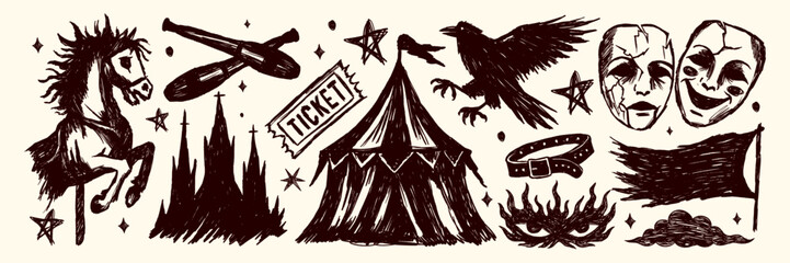 Circus-themed doodle ink sketch set © Alina Kolyuka