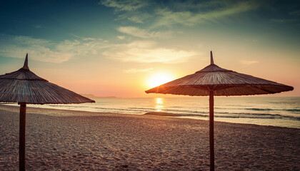 Beach Sunset With Two Umbrellas In Vintage Design