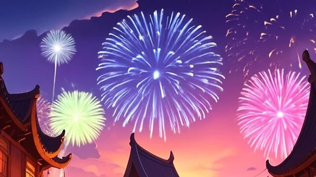 Colorful fireworks over asian cityscape