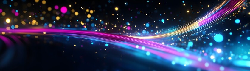 A dynamic abstract design showcases flowing, vibrant streaks of color against a backdrop of shimmering particles.