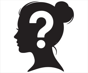 Silhouette of a woman’s head with question mark symbol representing anonymity, mystery, hidden identity, unknown female profile, concept of secrecy, doubt, or missing person