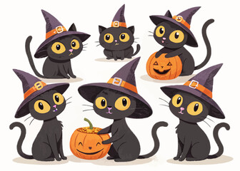 A group of black cats wearing witch hats and holding pumpkins for halloween illustration art