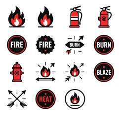 Emergency safety icons in red circles, firefighting symbols pack