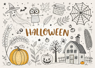 Obraz premium Halloween themed sketch with witch, owl, pumpkin, house, and various spooky elements illustration