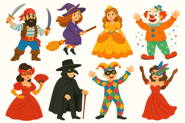 Colorful Carnival Characters in Costumes Festive Vector Illustration on White Background