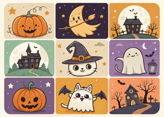 Obraz premium Collection of halloween themed illustrations featuring pumpkins ghosts and haunted houses in cartoon style