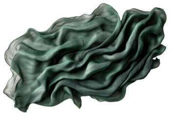 Elegant flow of light green fabric creates soft waves and textures against a clean white background, showcasing luxurious drapery and smooth silky material