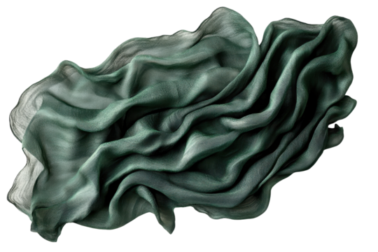 Elegant flow of light green fabric creates soft waves and textures against a clean white background, showcasing luxurious drapery and smooth silky material