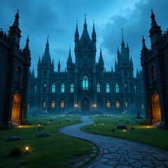 Fototapeta premium A mysterious gothic castle under a dark, dramatic sky. The castle windows glow with an eerie blue light, and a stone path winds through the courtyard with glowing lanterns.