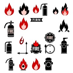 Fire safety equipment icons grid, extinguisher hydrant alarm