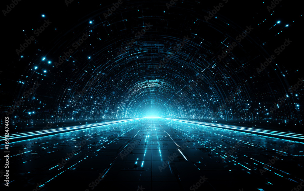 Poster futuristic digital tunnel with glowing lines and abstract patterns