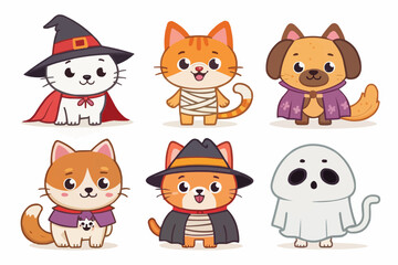 Cartoon halloween pets featuring cats dog and ghost dressed in halloween costumes on a white background