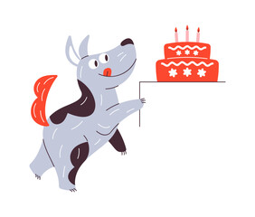 Comic birthday dog carrying cake