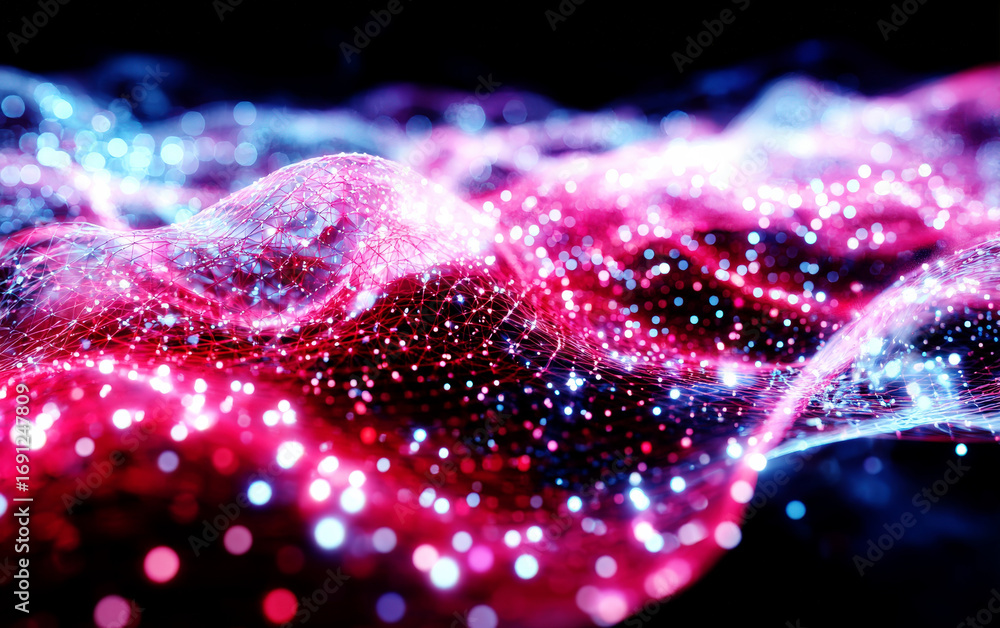 Aufkleber abstract colorful glowing waves with sparkling particles in digital space