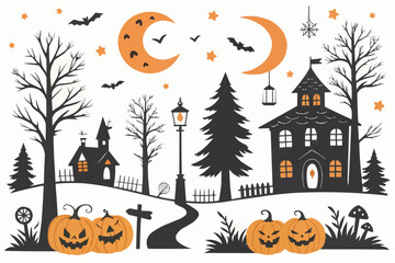 Halloween scene with haunted house, pumpkins, bats, moon and trees in a festive and spooky illustration