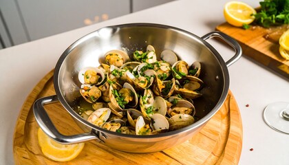 Pan of sauteed clams with herbs