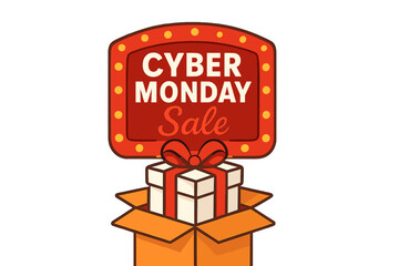 A thrilling Cyber Monday Sale arrow bursts from a gift box adorned with a red ribbon bow