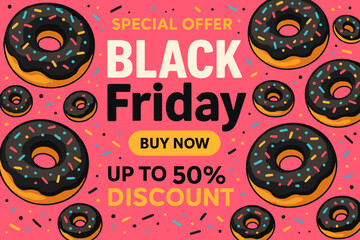 Poster for a Black Friday mega sale featuring dark chocolate donuts against a pink backdrop