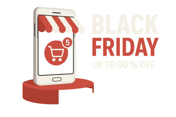 Naklejka premium Vector illustration of a Black Friday online shopping banner featuring a smartphone, podium, and stairs