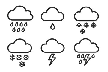 Weather app UI meteorology icon pack featuring cloud, rain, and lightning symbols