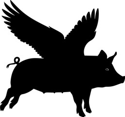 Whimsical flying pig silhouette soars with elegant wings, a symbol of impossible dreams realized.